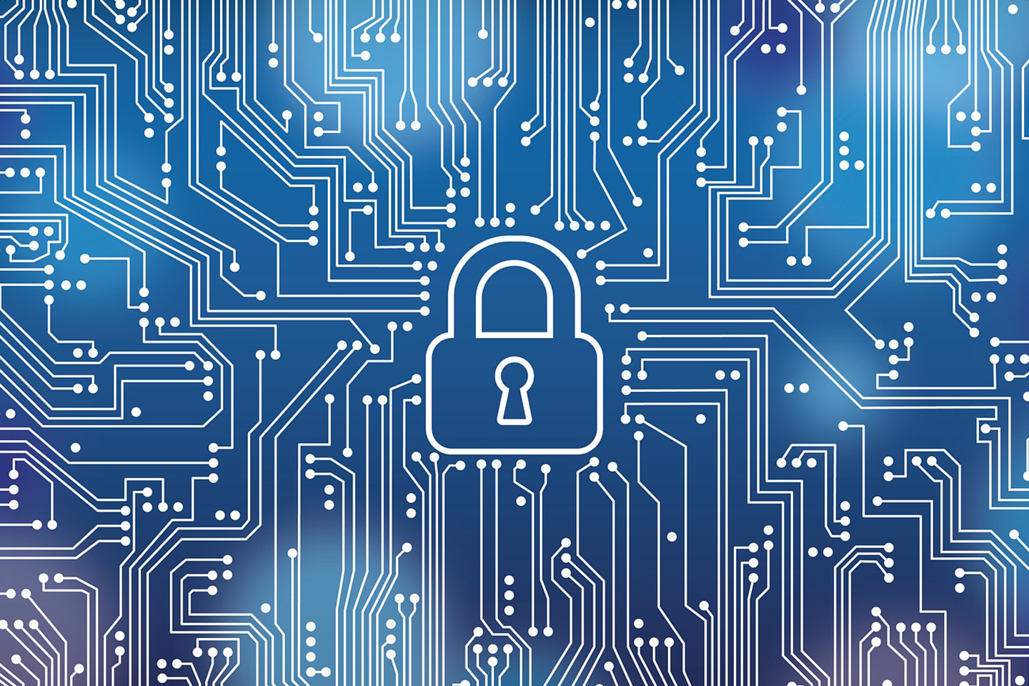 Graphic with security lock in the centre with data nodes connecting to lock