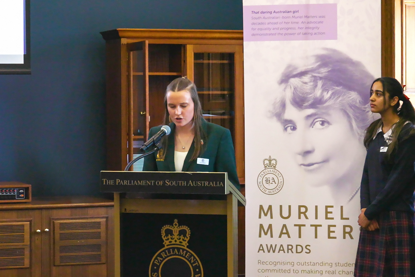 Photo of 2 students at Muriel Matters Awards